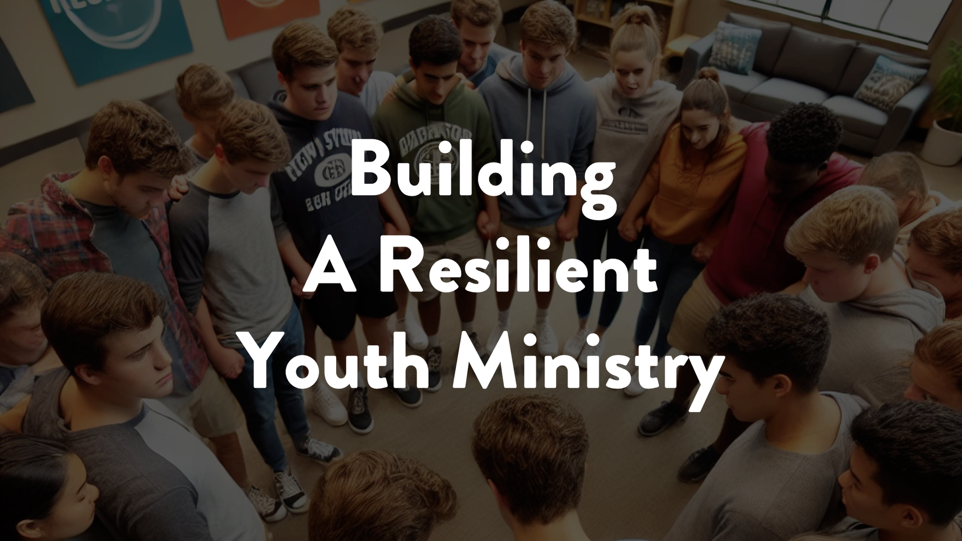 Group of teenagers and adult leaders at youth group linked arm in arm